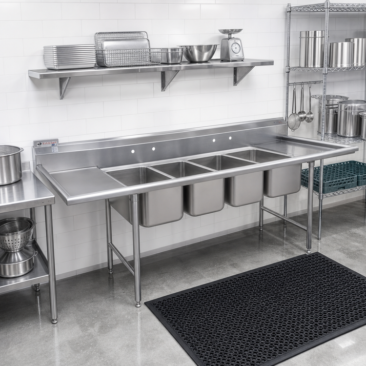 Product image #2 for Eagle Group 314 Series Four-Compartment Stainless Steel Sink with Dual 18-Inch Drainboards