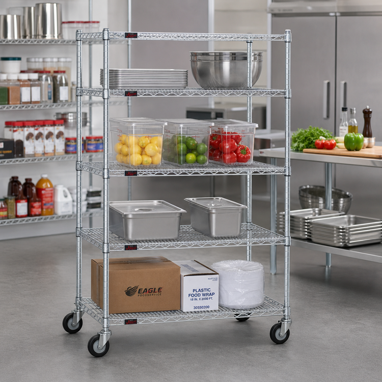 Product image #2 for EAGLEbrite 4-Tier Wire Dolly Truck, 60 x 21 Inch Shelves, Zinc Finish, 5-Inch Swivel Poly Casters