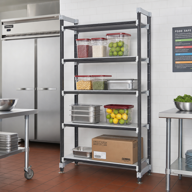 Product image #2 for Cambro Camshelving Elements XTRA High Density Top Rail 4-Shelf Solid Stationary Starter Unit, 24 x 60 x 81 Inches, Speckled Gray