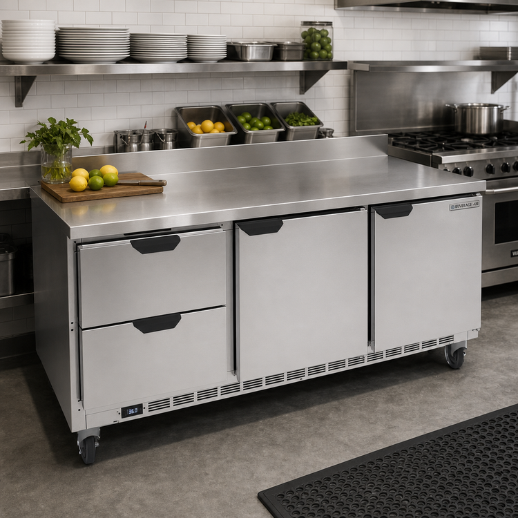 Product image #2 for Beverage-Air 72-Inch Three-Section Worktop Refrigerator with 2 Drawers, 2 Doors, and Stainless Steel Top