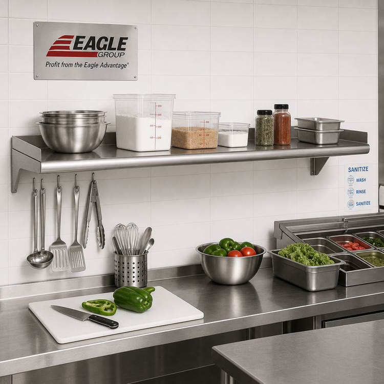 Product image #2 for Eagle Group 48" W x 12" D Wall-Mounted Shelf, 16-Gauge 430 Stainless Steel