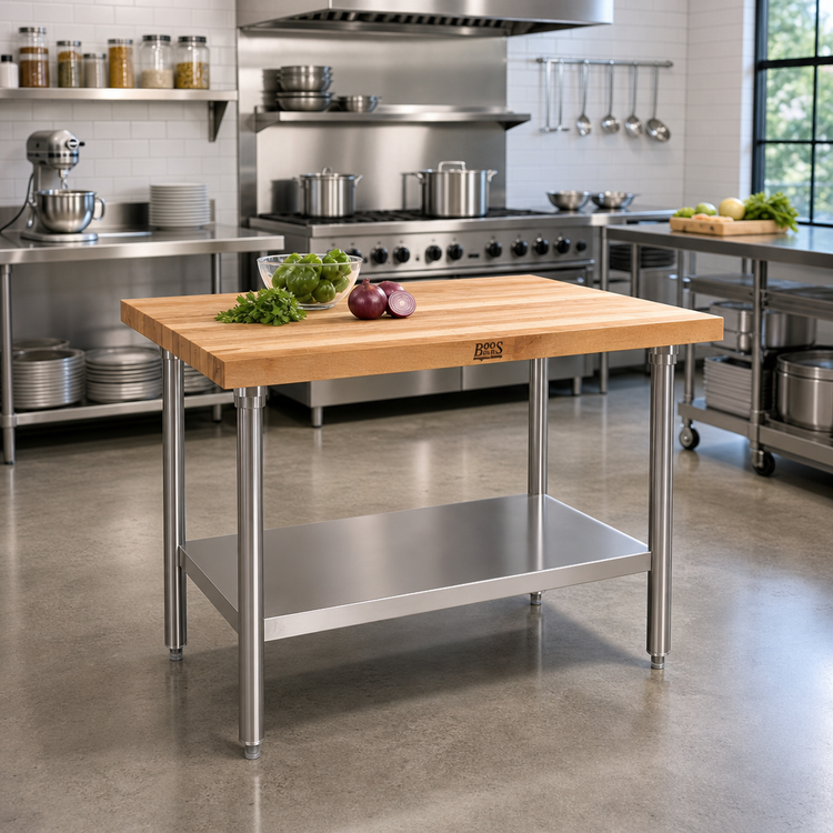 Product image #2 for John Boos 36 Inch x 36 Inch Wood Top Work Table with Stainless Steel Legs and Adjustable Undershelf
