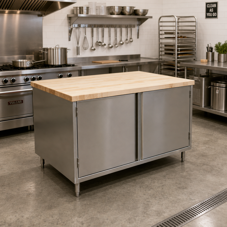 Product image #2 for BK Resources 60 Inch x 30 Inch Hard Maple Chef Table with Stainless Steel Cabinet Base and Hinged Doors