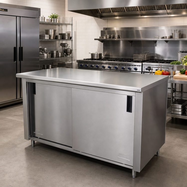 Product image #2 for Advance Tabco Stainless Steel Work Table with Cabinet Base, Mid-Shelf and Sliding Doors, 108 x 36 Inches, 14 Gauge 304 Top
