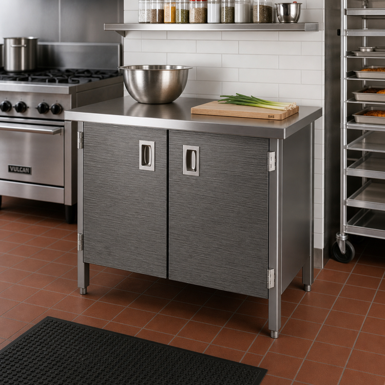 Product image #2 for John Boos Enclosed Base Stainless Steel Work Table with Hinged Doors, 60"W x 24"D