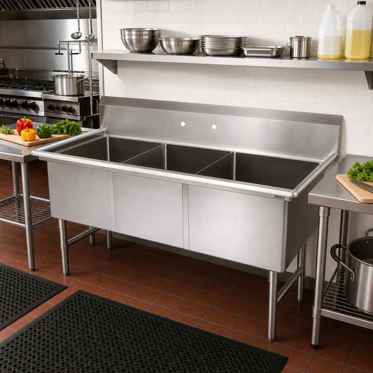 Product image #2 for John Boos 3-Compartment Stainless Steel Floor Model Sink, 77-1/8-Inch W x 29-1/2-Inch D, with 10-Inch Backsplash