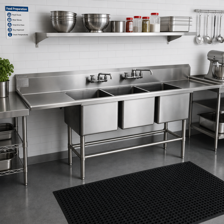 Product image #2 for Spec-Master FN2472-3-24L-14/3 Three-Compartment 14-Gauge Stainless Steel Commercial Sink with 24x24x14 Inch Bowls and 24 Inch Left Drainboard