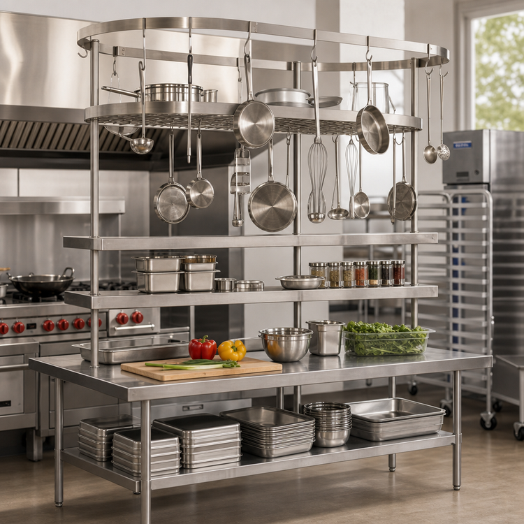Product image #2 for Advance Tabco Table-Mounted Semi-Circular Pot Rack with 18 Hooks and Utensil Rack, 108 Inch, Stainless Steel