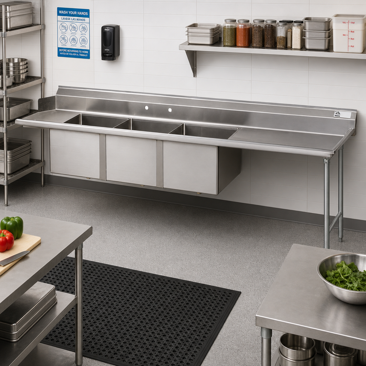 Product image #2 for Advance Tabco Straight 3-Compartment Sink Dishtable with Right Drainboard, 143-Inch Wide, 18 x 24 x 14-Inch Bowls, 16 Gauge Stainless Steel