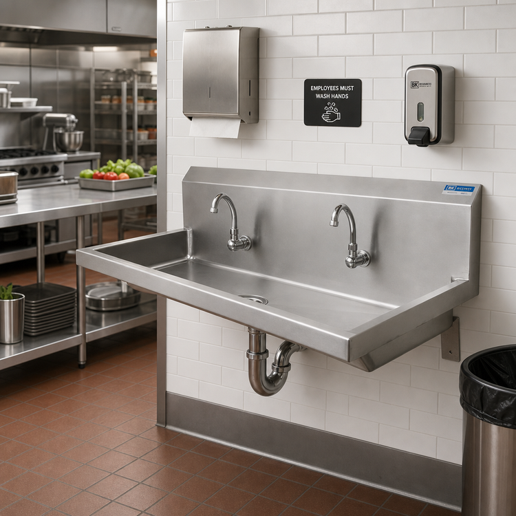 Product image #2 for BK Resources ADA Two-Station Wall-Mounted Hand Wash Sink, 60 Inch, 14/304 Stainless Steel, 5 Inch Deep Bowl