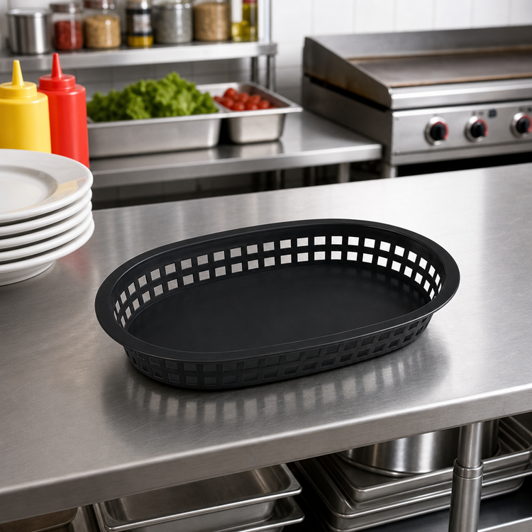 Product image #2 for Black Oval Plastic Flat Bottom Platter Basket, 10-3/4 x 7-1/4 x 1-1/2 Inches