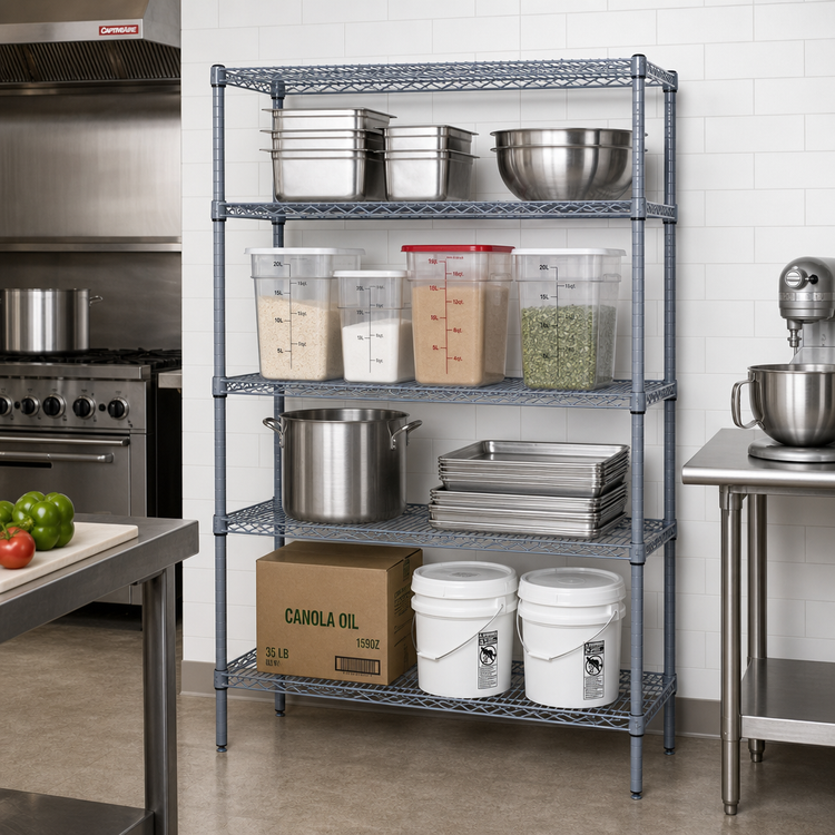 Product image #2 for Quantum Stationary Wire Shelving Starter Kit, 42W x 24D x 63H, 4-Shelf, Gray Epoxy Antimicrobial Finish