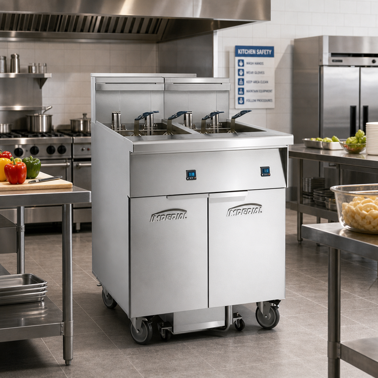 Product image #2 for Imperial IFSSP375EUC 3-Battery Electric Floor Fryer with Space Saver Filter System, 75 lb. Tanks, Tilt-Up Elements, Computer Controls