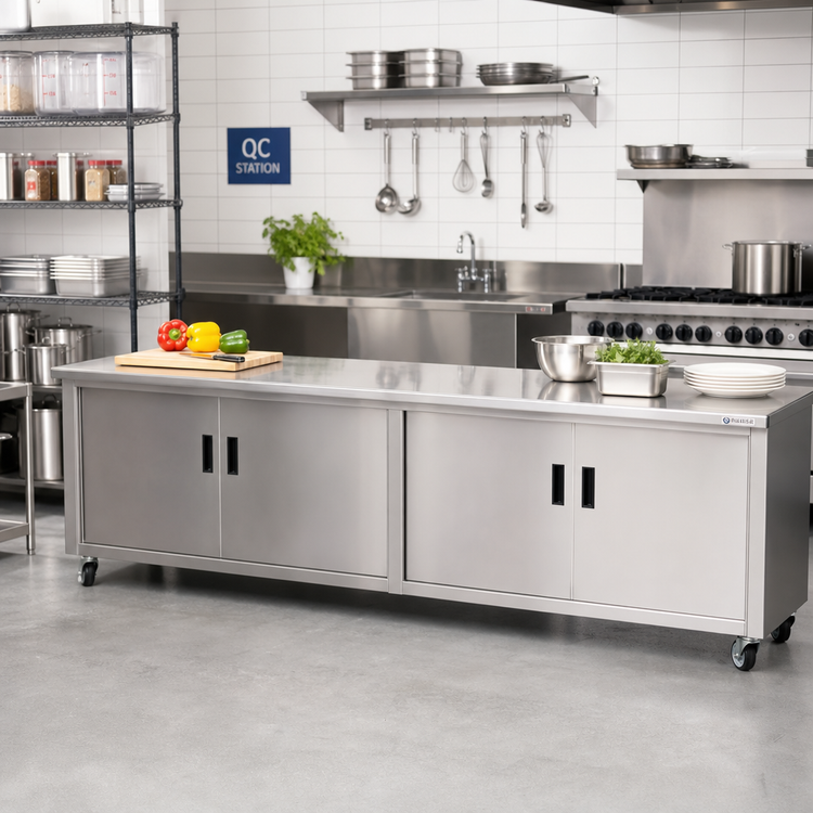 Product image #2 for Advance Tabco Special Value Economy Enclosed Work Table with Cabinet Base, 84 x 30 Inches, 16-Gauge 304 Stainless Steel Top