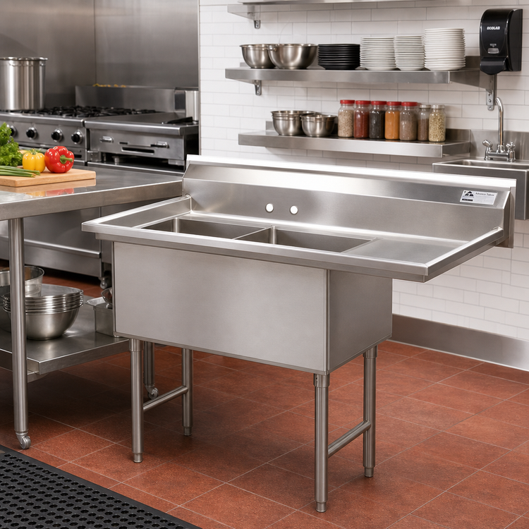 Product image #2 for Advance Tabco Special Value Series 2-Compartment Fabricated Stainless Steel Sink with Right Drainboard, 18" x 18" x 14" Bowls