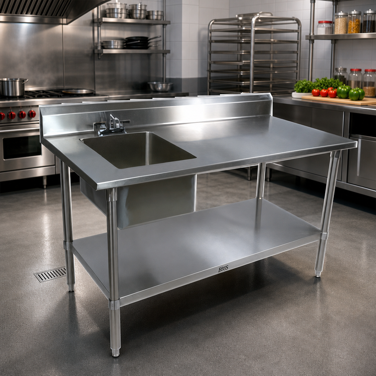 Product image #2 for John Boos 48-Inch Stainless Steel Work Table With Left Prep Sink, 5-Inch Backsplash, and Undershelf