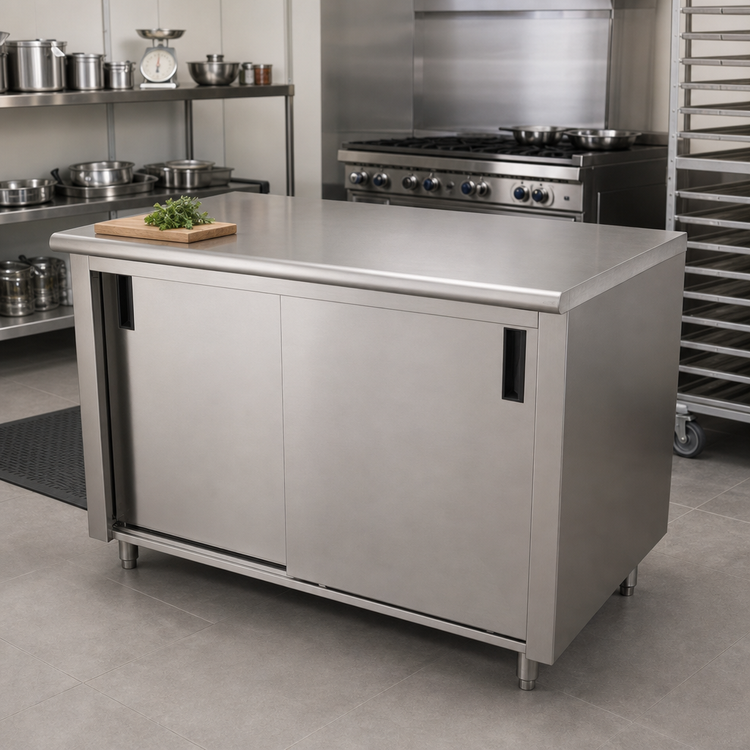 Product image #2 for Advance Tabco 60 Inch x 30 Inch Enclosed Work Table with Cabinet Base, Sliding Doors, and 14 Gauge 304 Stainless Steel Top
