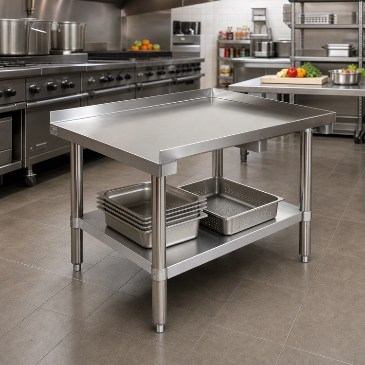 Product image #2 for Klinger's Trading 24-1/2 Inch x 30 Inch Stainless Steel Equipment Stand with 2-Inch Up-Turn and Adjustable Undershelf