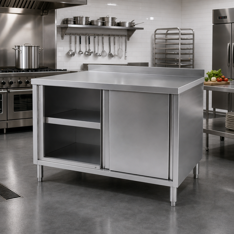 Product image #2 for 72-Inch Stainless Steel Enclosed Work Table with Sliding Doors and Middle Shelf