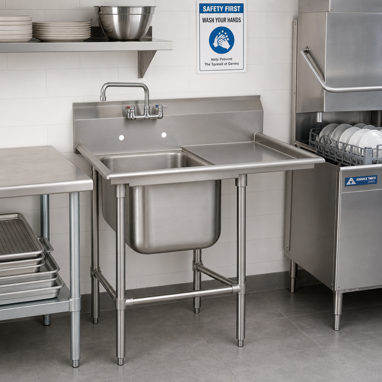 Product image #2 for Advance Tabco Regaline 1-Compartment Stainless Steel Sink with Right-Hand Drainboard, 28 x 20 x 14 Inch Bowl, 49-3/8 x 36 Inch