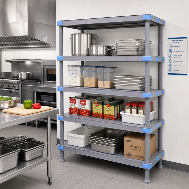 Product image #2 for Quantum Millenia Gray Polymer Shelving Unit with 4 Solid Shelves and Dunnage Stand, 72"W x 24"D x 62"H