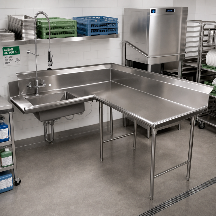Product image #2 for Korner-Soil L-Shaped Right-Hand Dishtable with Pre-Rinse Sink, 107-Inch, 16-Gauge 304 Stainless Steel