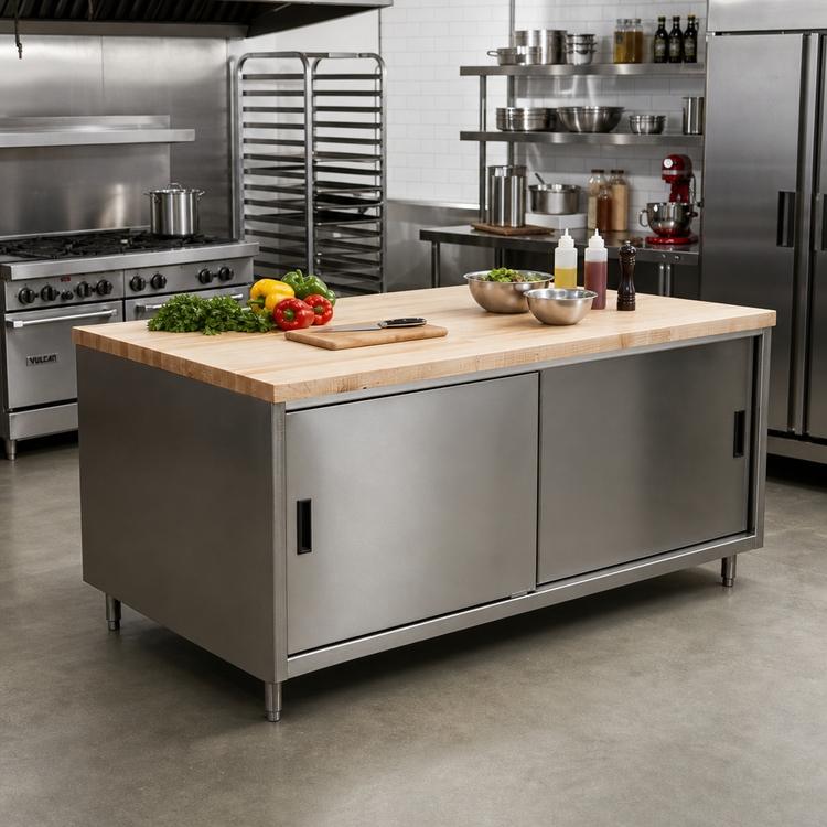 Product image #2 for BK Resources 72-Inch Hard Maple Top Chef Table with Stainless Steel Sliding Door Cabinet Base