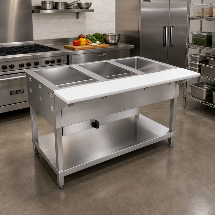 Product image #2 for Klinger's Trading WB2H 2-Well Gas Steam Table with Open Shelf Base and 8-Inch Serving Board