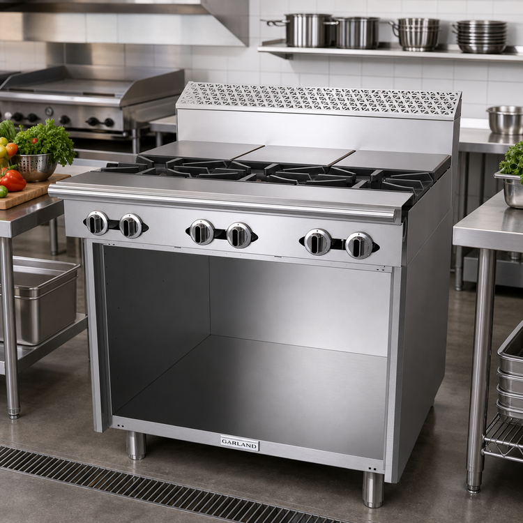 Product image #2 for Garland Cuisine Series 36" Heavy-Duty Gas French Top Range with 3 Open Burners, 3 Hot Tops, and Storage Base
