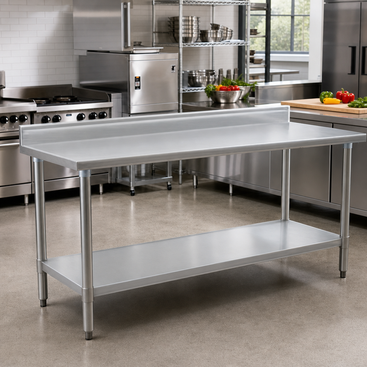 Product image #2 for Eagle Group Deluxe Series Stainless Steel Work Table with 4-1/2" Backsplash and Adjustable Undershelf, 72" x 30"