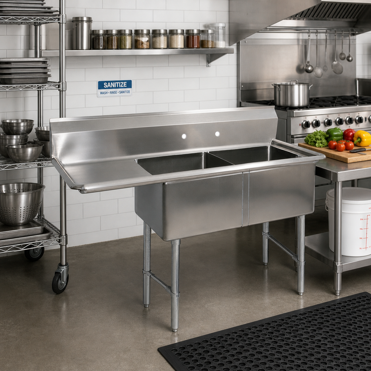 Product image #2 for BK Resources Two Compartment Stainless Steel Compartment Sink with Left Drainboard, 24" x 24" x 14" Bowls