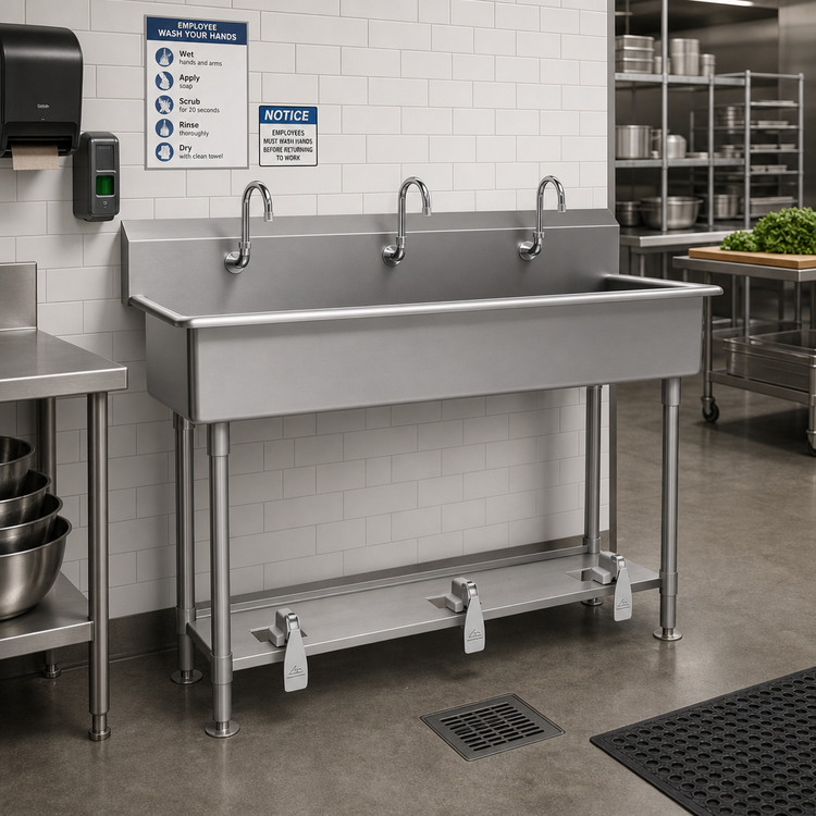Product image #2 for Advance Tabco Multiwash 3-Station 60-Inch Freestanding Hand Wash Sink with Toe-Push Valves and Gooseneck Spouts