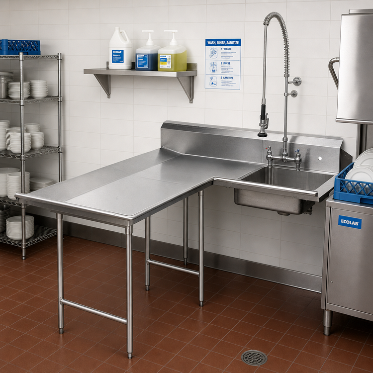 Product image #2 for Advance Tabco L-Shaped Left-Hand Dishlanding-Soil Dishtable with Landing and Pre-Rinse Sink, 83 Inch, 16/304 Stainless Steel