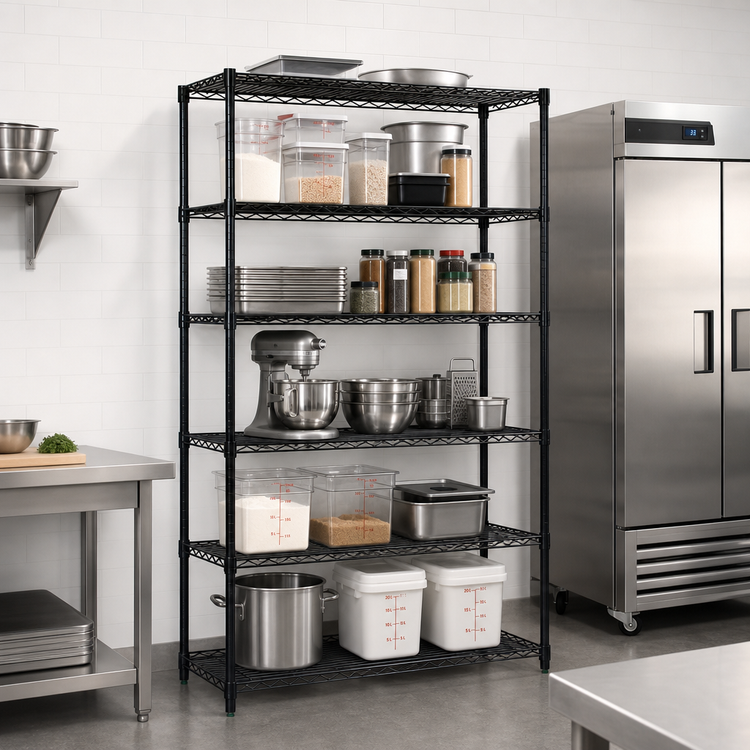 Product image #2 for Quantum Stationary Wire Shelving Starter Kit, 48"W x 12"D x 86"H, 5 Shelves, Black Epoxy Antimicrobial Finish