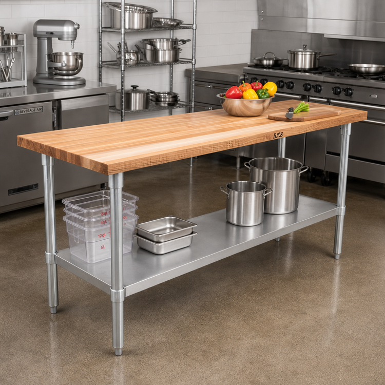 Product image #2 for John Boos 96" x 18" Edge Grain Maple Wood Top Work Table with Adjustable Undershelf and Galvanized Legs