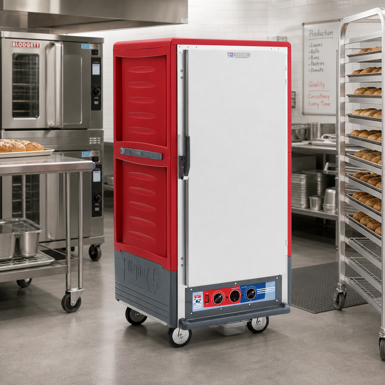 Product image #2 for Metro C5 3 Series Moisture Heated Holding & Proofing Cabinet, 3/4 Height, Full-Length Solid Doors, Fixed Wire Slides, Red Insulation Armour