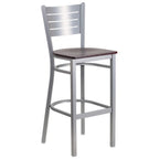 Thumbnail image #1 for Flash Furniture Hercules XU-DG-60402-BAR-MAHW-GG Commercial Bar Stool, Metal Cutout Slat Back, Mahogany Finish Plywood Seat