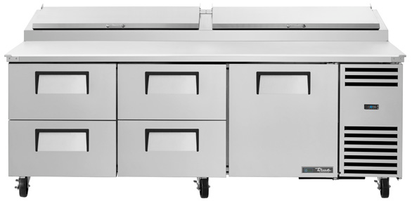 Product image #7 for True 93.5-Inch Self-Contained Refrigerated Pizza Prep Table with 1 Door and 4 Drawers