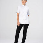 Thumbnail image #1 for Chef Works CBN02W-WHT-S Women's Short Sleeve Chef Coat, White, Poly/Cotton, Size S