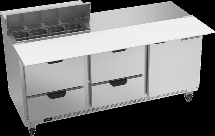 Product image #6 for Beverage Air 72-Inch Three-Section Sandwich Top Refrigerated Prep Table with 4 Drawers, 1 Door, and 8-Pan Top