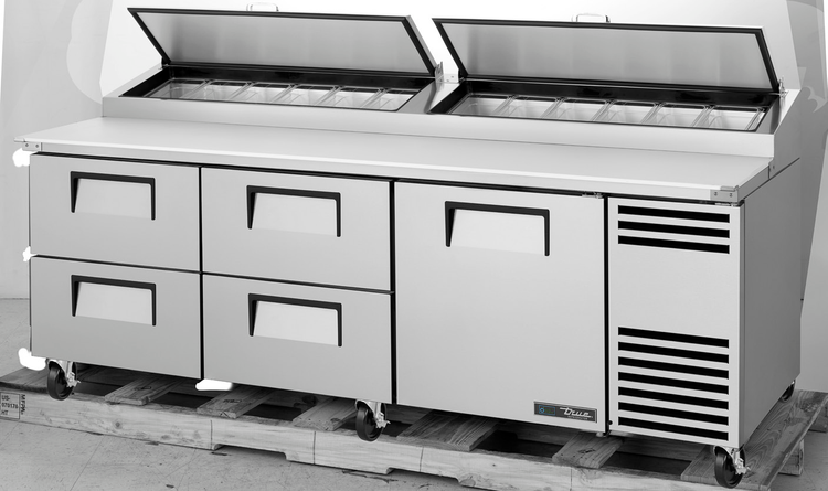 Product image #8 for True 93.5-Inch Self-Contained Refrigerated Pizza Prep Table with 1 Door and 4 Drawers