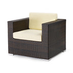 Thumbnail image #1 for G & A Commercial Seating Monterey 8301 Indoor/Outdoor Lounge Arm Chair, Espresso Resin Wicker, Aluminum Frame, White Cushions