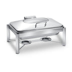 Thumbnail image #1 for Eastern Tabletop Pillard 3945G/SB 8 qt Rectangular Stainless Steel Induction Chafing Dish with Hinged Glass Lid and Stand