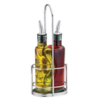 Thumbnail image #1 for TableCraft Products Gemelli 918RSN Green-Tinted Glass Bottle Set with Stainless Steel Pourers and Rack, (2) 8-1/2 oz Case of 6