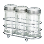 Thumbnail image #1 for TableCraft Products 659N Condiment Dispenser Set with Three 2 oz Fluted Glass Shakers, Stainless Steel Tops and Chrome-Plated Rack Case of 6