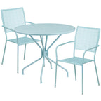Thumbnail image #1 for Flash Furniture CO-35RD-02CHR2-SKY-GG Round Steel Patio Table Set with 2 Stacking Arm Chairs, 35-1/4" Diameter x 28-3/4"H, Sky Blue