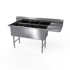 Thumbnail image #1 for NBR Equipment 3SS-242414R18 Three-Compartment Stainless Steel Sink, 16-Gauge 300 Series, 24" Compartments, Right Drainboard, 94-3/16"W