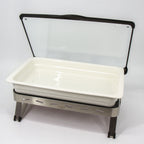 Thumbnail image #1 for Eastern Tabletop EB15614 8 qt Rectangular Waterless Chafing Dish with Brushed Stainless Steel Base, Glass Lid & Porcelain Dish