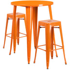 Thumbnail image #1 for Flash Furniture CH-51090BH-2-30SQST-OR-GG Round Bar-Height Table and 2 Backless Metal Bar Stools Set, Orange
