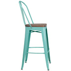 Thumbnail image #2 for Flash Furniture ET-3534-30-MINT-WD-GG Armless Metal Bar Stool with Curved Vertical-Slat Back, Textured Wood Seat, Mint Green